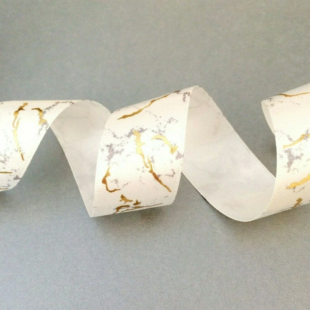 Berisford Ribbon Marble White / Gold Double Faced Satin Ribbon - 25mm X 20M 2 Berisford Ribbon Marble White / Gold Double Faced Satin Ribbon - 25mm X 20M - Image 2