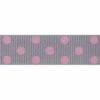 Berisford Ribbon Spotty Grosgrain Grey/Pink Colour No.13 Ribbon - 15mm X 20M