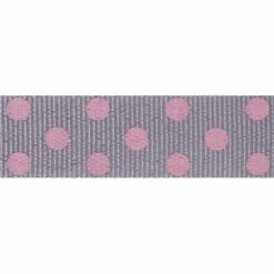 Berisford Ribbon Spotty Grosgrain Grey/Pink Colour No.13 Ribbon - 15mm X 20M