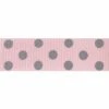 Berisford Ribbon Spotty Grosgrain Pink/Grey Colour No.16 Ribbon - 15mm X 20M