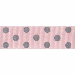 Berisford Ribbon Spotty Grosgrain Pink/Grey Colour No.16 Ribbon - 15mm X 20M
