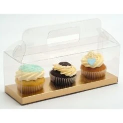 Club Green Clear PVC High Quality Cupcake Box With Gold Insert - Holds 3
