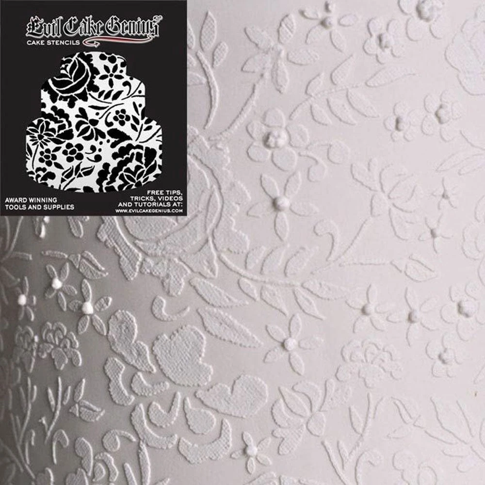 Evil Cake Genius Acrylic Cake Stencil - Embroidered Lace By Julie Deffense 2 Evil Cake Genius Acrylic Cake Stencil - Embroidered Lace By Julie Deffense - Image 2