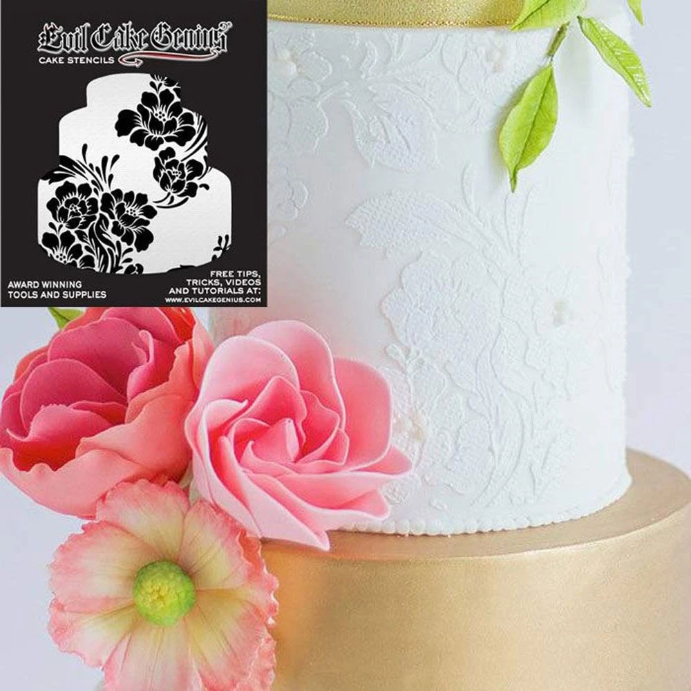 Evil Cake Genius Acrylic Cake Stencil - Rose Lace 2 Evil Cake Genius Acrylic Cake Stencil - Rose Lace - Image 2